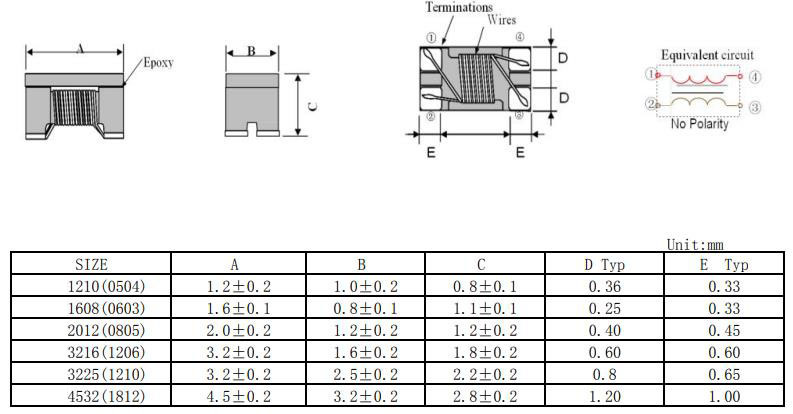 共模電感4532系列封裝尺寸圖